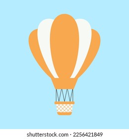 Yellow hot air balloon flying in sky flat vector illustration. Cute blue hot air balloon, transport for tourists isolated on blue background. Transportation, tourism, journey concept
