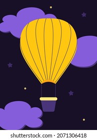 Yellow hot air balloon in the night sky with purple clouds. Modern poster of the balloon festival in the city. Vector.