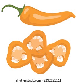 Pimienta caliente amarilla. Trozos de pimienta caliente amarilla. Ilustración vectorial de pimienta amarilla. Imagen aislada de pimienta.