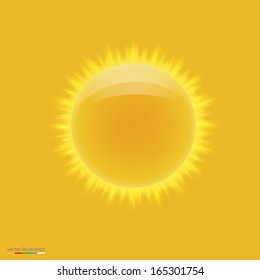 Yellow hot sun with beams. Vector background.