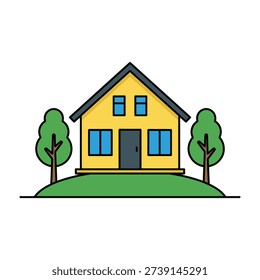 Yellow house with blue windows and green trees in front yard