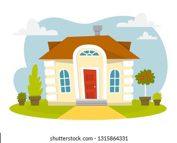 Yellow house with brown roof and trees around. City cottage building. Modern apartment. Urban architecture. Isolated flat vector illustration