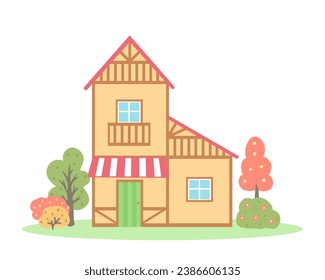 casa amarilla, edificio, cabaña. Ilustración vectorial para impresión, fondos, cubiertas y embalaje. La imagen se puede usar para tarjetas de felicitación, carteles, pegatinas y textiles. Aislado sobre fondo blanco.