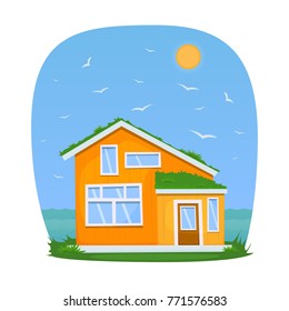 Casa amarilla junto al mar. Ilustración vectorial.