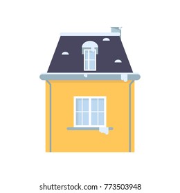 Yellow house with chimney in flat design.Building at winter