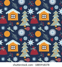 Yellow house and christmas tree night pattern