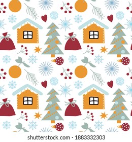 Casas amarillas y patrones de árboles de navidad con fondo blanco