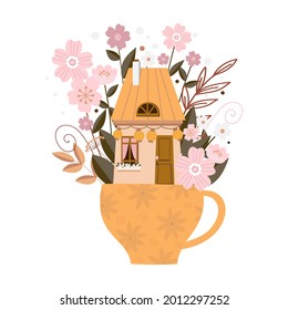 
yellow house in the cup with garland on the white background