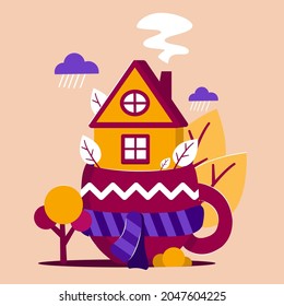 yellow house in a cup on a yellow background. autumn illustration flat design