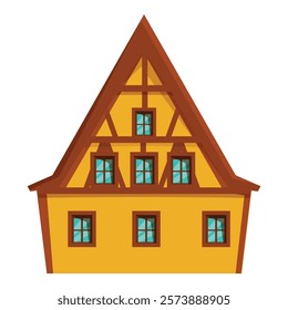 Yellow house facade with brown timber framing, featuring multiple windows with blue panes