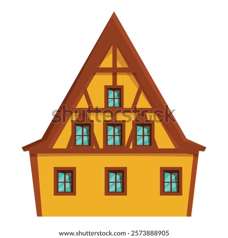 Yellow house facade with brown timber framing, featuring multiple windows with blue panes