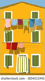 Yellow house with green windows. with hanging clothes.
vector ilustration