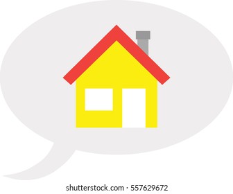 Yellow house icon inside grey speech bubble.