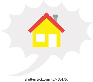 Yellow house icon inside grey exclamation bubble.