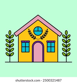 Yellow house illustration. Pink roof detail. Green background vector. Cartoon style drawing.