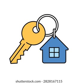 Yellow house key with a blue home shaped keychain for real estate property ownership concept