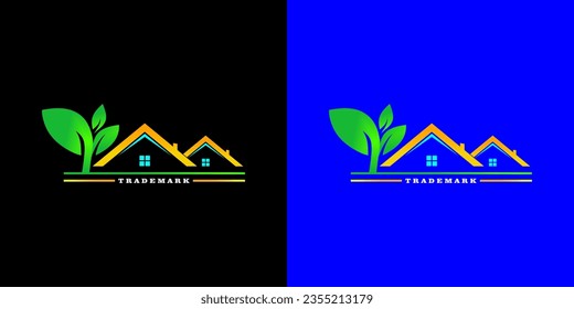 Yellow house logo vector with blue windows and green trees