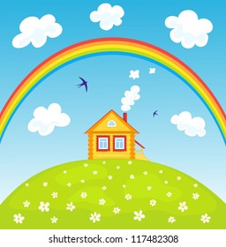 Yellow house on the hill and rainbow. Summer landscape. Vector illustrator.