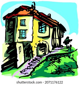 Yellow house on the street of the old city. Color sketch.