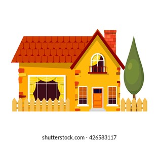 Yellow house with poplars. Cartoon house with fence and green tree on a white background. Illustration of the cozy rural home, isolate. Stock vector