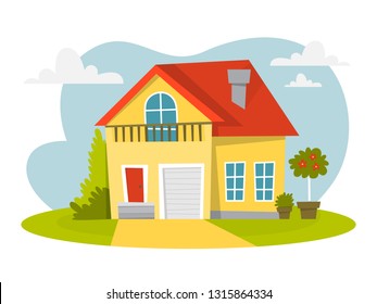 Yellow house with red roof and trees around. City cottage building. Modern apartment. Urban architecture. Isolated flat vector illustration