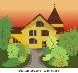 Yellow house. Red sky. Vector illustration for web design, websites, print and backgrounds.