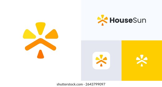 Yellow house sun logo icon design vector illustration, Simple sunburst shapes integrated with home roof building, Concept template for property real estate company, agency and brand identity business