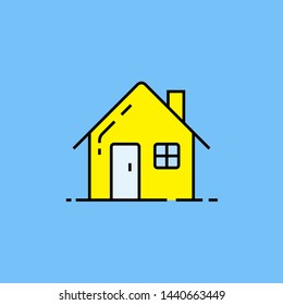 Yellow house symbol line icon. Simple tiny home sign isolated on blue background. Vector illustration.