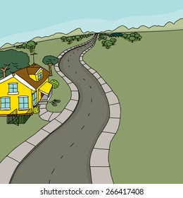 Yellow house with trees along two lane road