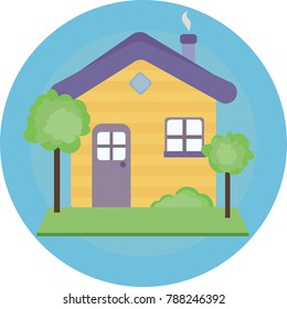 yellow house, trees, bush. Vector illustration.