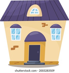 yellow house with violet roof and brown bricks