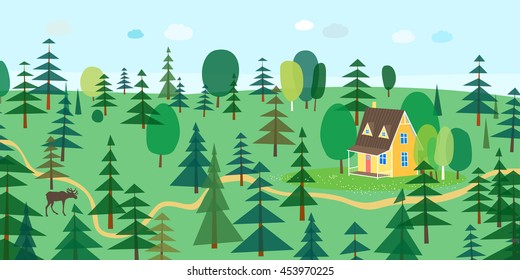 Yellow house in the woods . Hunter's house . Forest trail