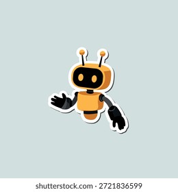 Gelber schwebender Roboter Aufkleber Charakter Maskottchen AI auf grauem Hintergrund