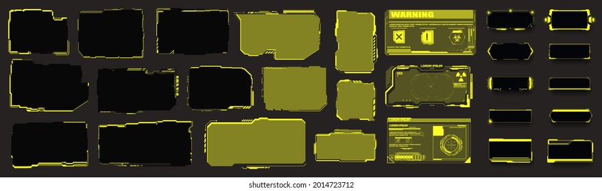 Yellow Hud frames, board. Digital futuristic hud interface panels, hologram high tech screen. Futuristic technology interface frame, sci-fi military device concept. Modern windows. Vector illustration