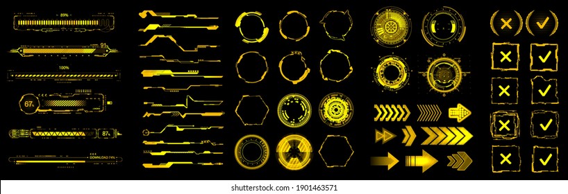 Yellow HUD, GUI, UI digital elements set for VR, web design. Futuristic User interface (charts, abstract circle, lines, loading bars and other elements) Sci-fi modern collection HUD, UI. Vector set