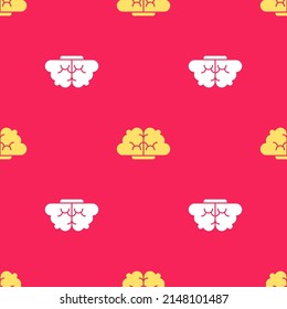 Yellow Human brain icon isolated seamless pattern on red background.  Vector Illustration