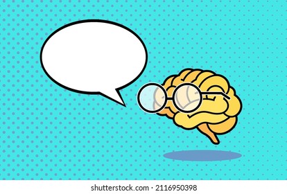 Yellow human brain wearing glasses  cartoony icon with blank speech bubble vector illustration in pop art style on bright green background