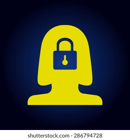 Yellow human profile picture with lock on the head on a blue background