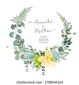 Yellow hydrangea, mustard rose, peony, white iris, orchid, spring garden flowers, eucalyptus, greenery, fern,vector design frame.Wedding summer bouquet round card. Elements are isolated and editable