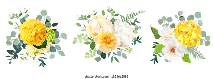Yellow hydrangea, mustard rose, peony, white iris, orchid, spring garden flowers, eucalyptus, greenery, fern,vector design.Wedding summer floral bouquet collection. Elements are isolated and editable
