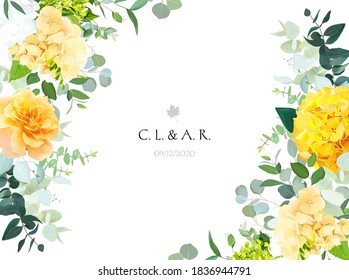 Yellow hydrangea, mustard rose, peony, white iris, orchid, spring garden flowers, eucalyptus, greenery, fern,vector design frame.Wedding summer bouquet sides card. Elements are isolated and editable