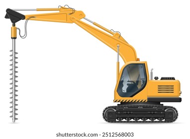 Yellow hydraulic crawler drill, view from the side isolated on a white background. Construction and mining vehicle vector mockup, easy editing and recolor