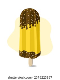 Yellow ice cream with chocolate on stick.