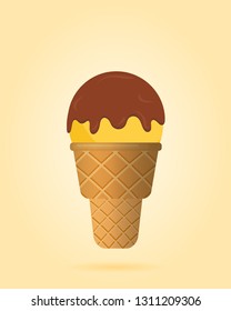 Yellow ice cream with chocolate topping in waffle cup, dairy product. Ice cream scoop image in flat style. Vector illustration.