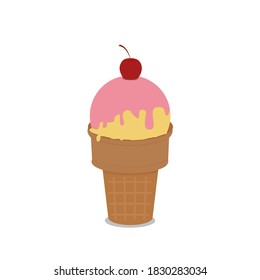 Yellow ice cream cone rounded with pink sauce and cherry fruit illustration vector