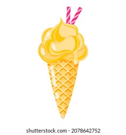 Yellow Ice cream cone or sundae with sweet tubules. Summer healthy sweetness