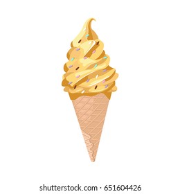 Yellow ice cream cone vector illustration with colorful sprinkles, isolated on white. Delicious bright dessert for cafe menu, packaging, delivery box, greeting cards, posters, T-shirt