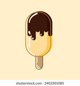 Yellow ice cream on peach background in chocolate glaze with highlights looks appetizing. Vector, object, EPS10.