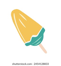 Yellow ice cream on a stick on a white background. Cartoon icon, label and sign. Flat vector illustration.