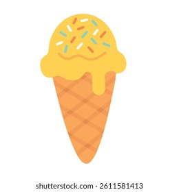 Yellow ice cream scoop with colorful sprinkles in waffle cone, perfect for summer designs.
